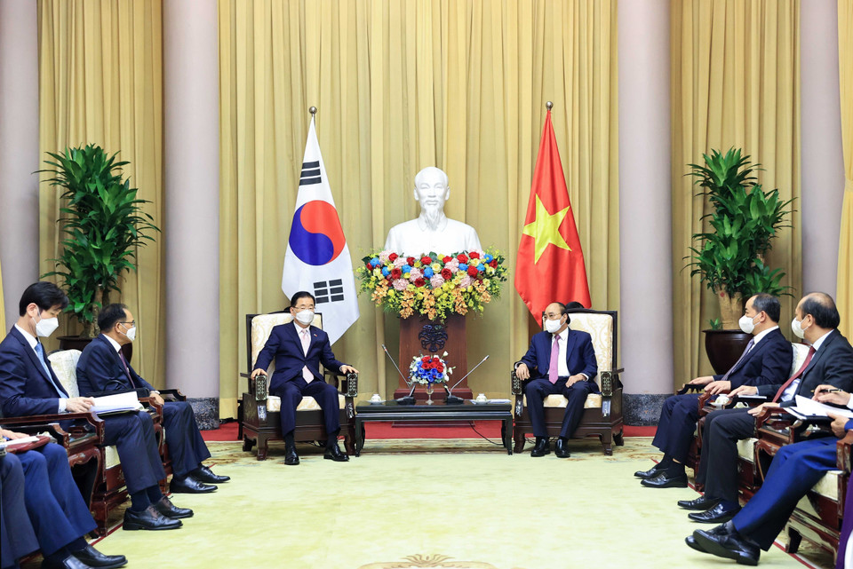 Chủ tịch nước Nguyễn Xuân Phúc tiếp Bộ trưởng Ngoại giao Hàn Quốc Chung Eui Yong. (Ảnh: Thống Nhất/TTXVN)