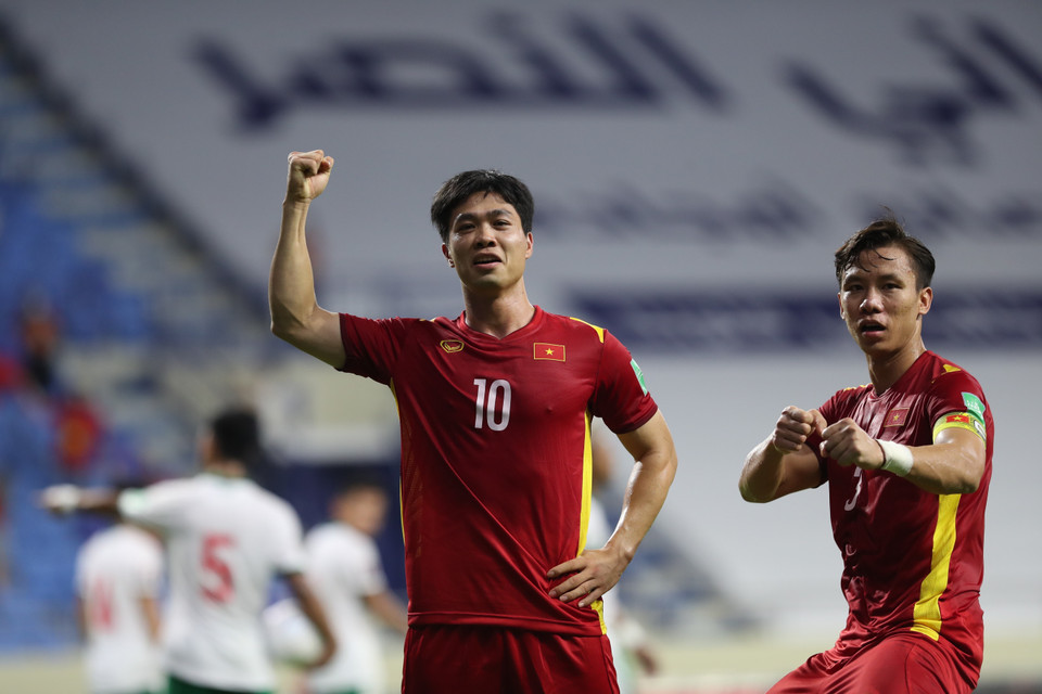 Công Phượng ăn mừng bàn thắng nâng tỷ số lên 3-0 ở phút thứ 67. (Ảnh: Hoàng Linh/TTXVN)