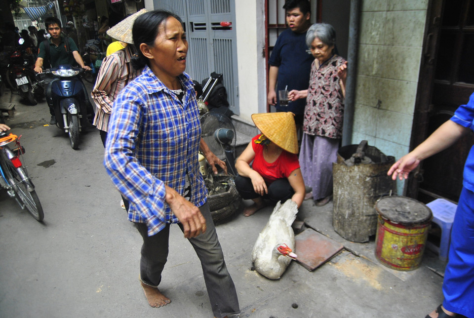 Người phụ nữ này đang bán gà, vịt ngoài chợ thì biết tin cháy, hớt hải chạy về. Cho đến cuối buổi chiều, chị vẫn không biết đồ đạc của mình có còn giữ lại được gì không (Ảnh: Võ Phương/Vietnam+)