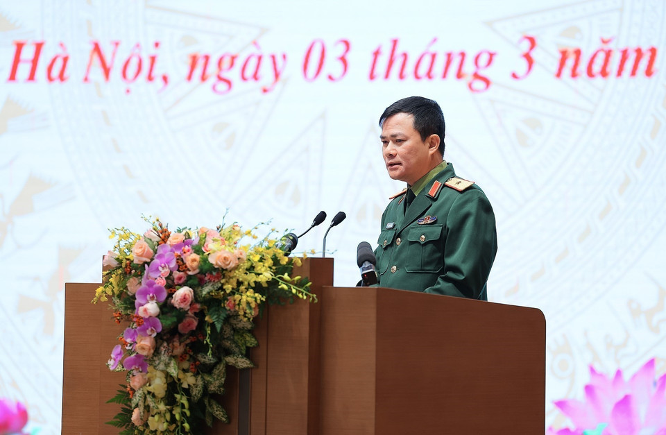 Thiếu tướng Tào Đức Thắng, Chủ tịch kiêm Tổng giám đốc Tập đoàn Công nghiệp-Viễn thông Quân đội phát biểu. (Ảnh: Dương Giang/TTXVN)