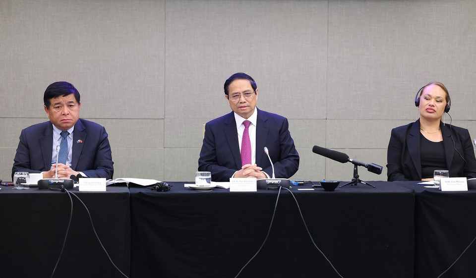 Trong chương trình thăm chính thức New Zealand, sáng 11/3, tại thủ đô Wellington, Thủ tướng Phạm Minh Chính tọa đàm với các doanh nghiệp New Zealand. (Ảnh: Dương Giang/TTXVN)