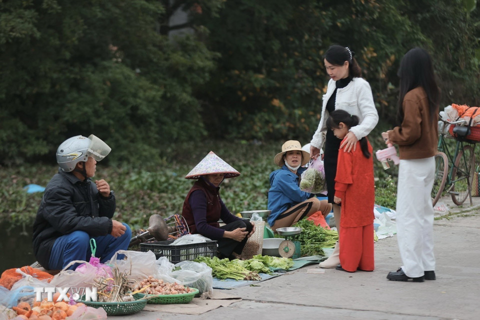 Người đi bộ, người đi xe, tay xách nách mang, ai cũng rạng rỡ trong bộ quần áo mới, ánh mắt ánh lên niềm vui đầu năm. (Ảnh: Minh Quyết/TTXVN)