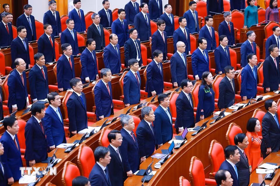 Các đại biểu thực hiện nghi lễ chào cờ. (Ảnh: Dương Giang/TTXVN)