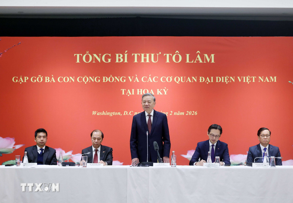 Tổng Bí thư Tô Lâm phát biểu tại buổi gặp gỡ. (Ảnh: Thống Nhất/TTXVN)