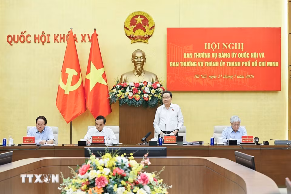 Chủ tịch Quốc hội Trần Thanh Mẫn phát biểu tại Hội nghị Ban Thường vụ Đảng ủy Quốc hội và Ban Thường vụ Thành ủy Thành phố Hồ Chí Minh.(Ảnh: Doãn Tấn/TTXVN)
