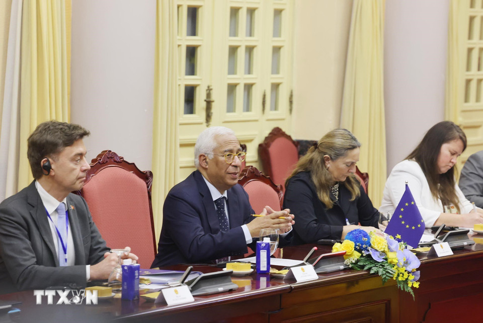 Chủ tịch Hội đồng châu Âu Antonio Costa phát biểu. (Ảnh: Lâm Khánh/TTXVN)