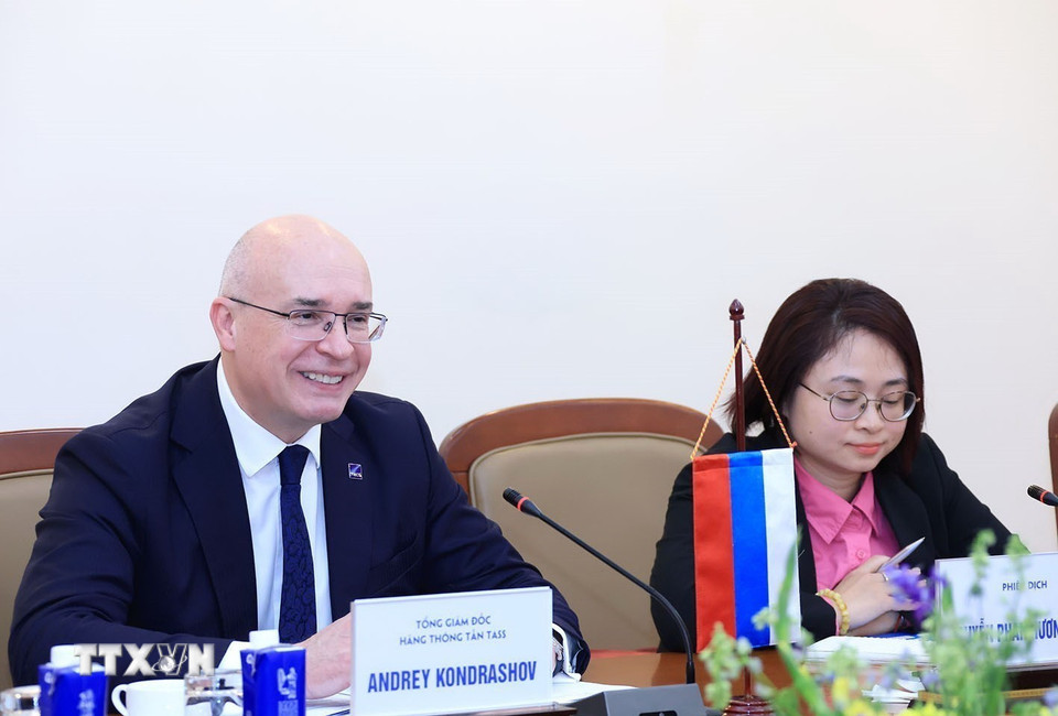 Tổng Giám đốc Hãng thông tấn TASS (Liên bang Nga) Andrey Kondrashov phát biểu. (Ảnh: Tuấn Anh/TTXVN)