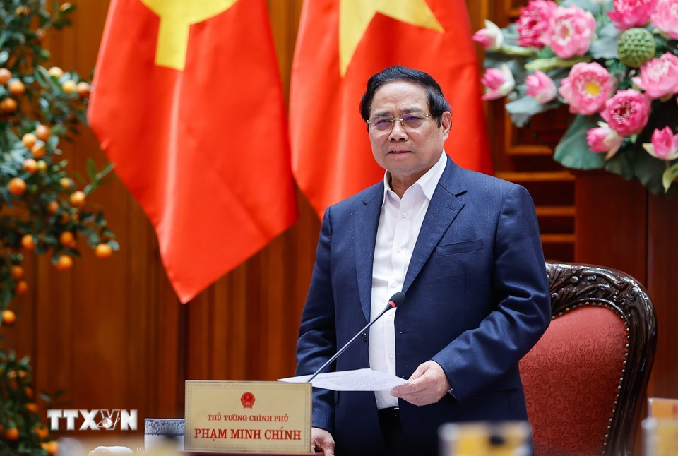 Thủ tướng Phạm Minh Chính chủ trì cuộc làm việc của Thường trực Chính phủ với lãnh đạo thành phố Hà Nội về Quy hoạch tổng thể Thủ đô Hà Nội tầm nhìn 100 năm. (Ảnh: Dương Giang/TTXVN)