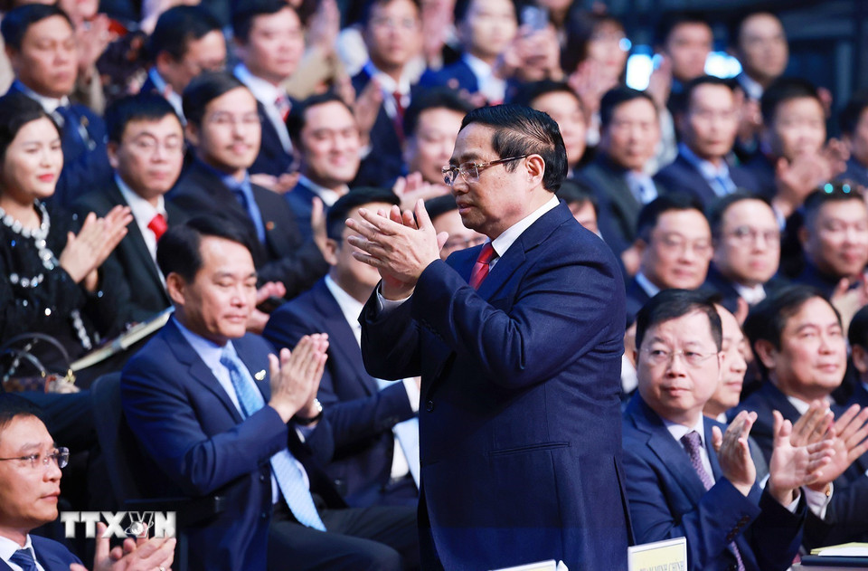 Thủ tướng Phạm Minh Chính dự Hội nghị tổng kết năm 2025 và triển khai nhiệm vụ năm 2026 của Đài Truyền hình Việt Nam. (Ảnh: Dương Giang/TTXVN)