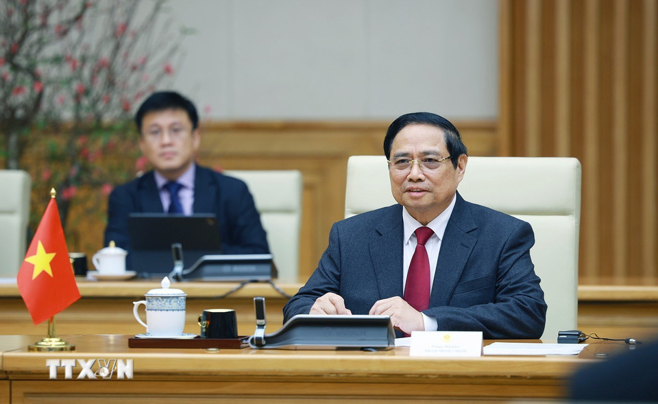 Thủ tướng Phạm Minh Chính phát biểu tại cuộc hội kiến Chủ tịch Hạ viện Vương quốc Hashemite Jordan Mazen Turki El Qadi. (Ảnh: Dương Giang/TTXVN)