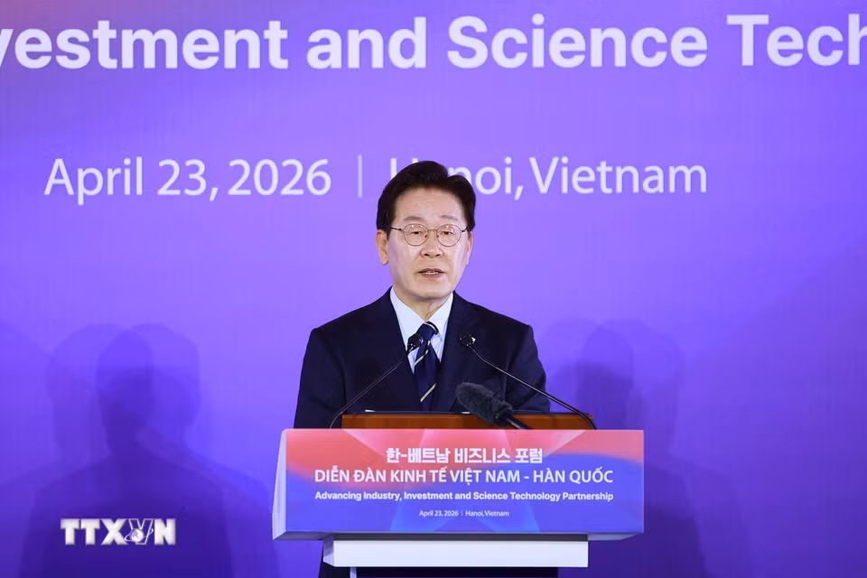 Tổng thống Hàn Quốc Lee Jae Myung phát biểu tại Diễn đàn kinh tế Việt Nam-Hàn Quốc. (Ảnh: Dương Giang/TTXVN)