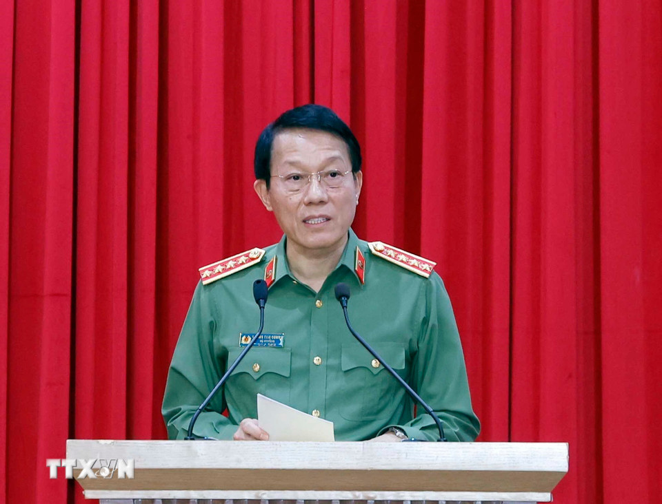 Đại tướng Lương Tam Quang, Bí thư Đảng ủy Công an Trung ương, Bộ trưởng Bộ Công an phát biểu khai mạc Hội nghị. (Ảnh: Thống Nhất/TTXVN)