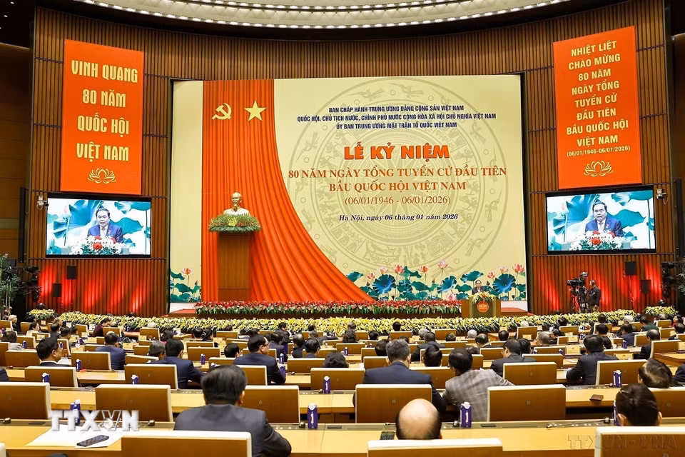 Chủ tịch Quốc hội Trần Thanh Mẫn, Trưởng Ban Chỉ đạo Kỷ niệm 80 năm Ngày Tổng tuyển cử đầu tiên bầu Quốc hội Việt Nam phát biểu. (Ảnh: Doãn Tấn/TTXVN)