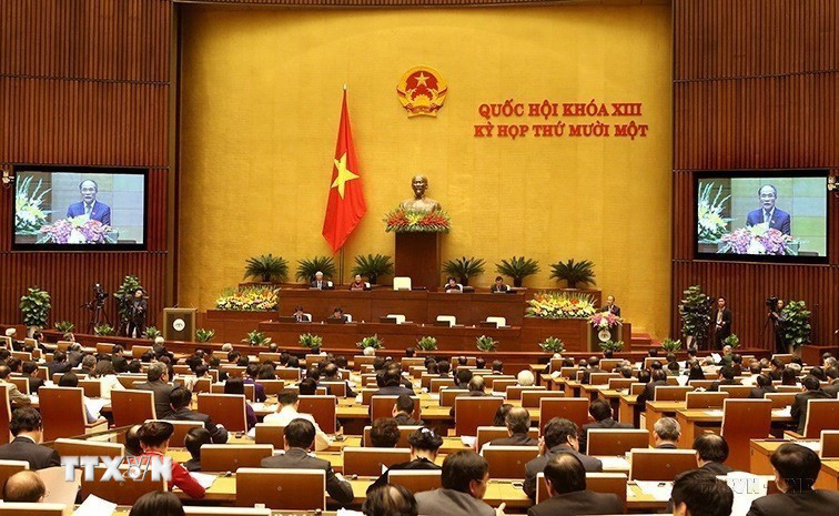 Sáng 21/3/2016, Kỳ họp thứ 11, Quốc hội khóa XIII khai mạc trọng thể tại Nhà Quốc hội ở Thủ đô Hà Nội. Trong ảnh: Chủ tịch Quốc hội Nguyễn Sinh Hùng đọc diễn văn khai mạc. (Ảnh: Nhan Sáng/TTXVN)