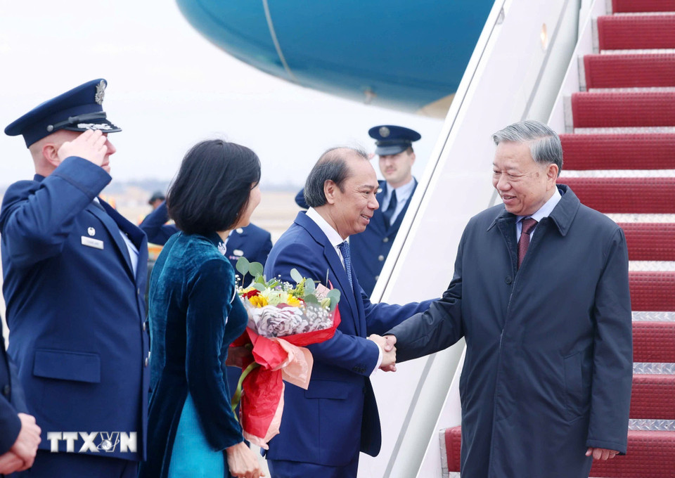 Lễ đón Tổng Bí thư Tô Lâm tại Sân bay quân sự Andrews, thủ đô Washington D.C. (Ảnh: Thống Nhất/TTXVN)