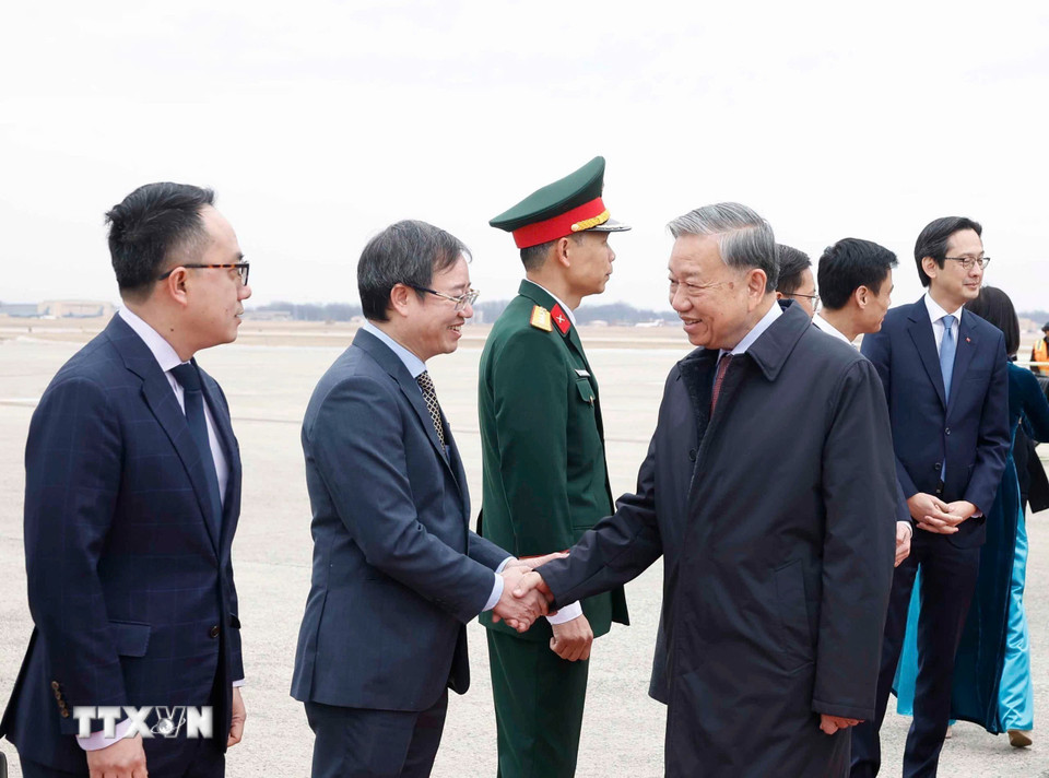 Lễ đón Tổng Bí thư Tô Lâm tại Sân bay quân sự Andrews, thủ đô Washington D.C. (Ảnh: Thống Nhất/TTXVN)