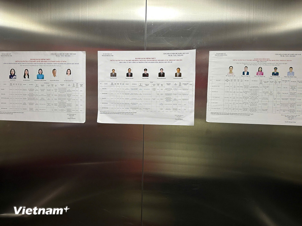 Danh sách các ứng cử viên được dán trong thang máy tòa nhà Đại Kim Building để cử tri tiện tìm hiểu thông tin. (Ảnh: Trí Đức/Vietnam+)