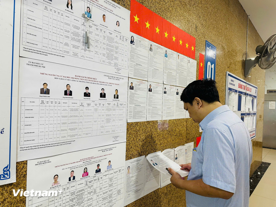 Người dân chung cư Đại Kim Building tìm hiểu thông tin về các ứng cử viên. (Ảnh: Trí Đức/Vietnam+)