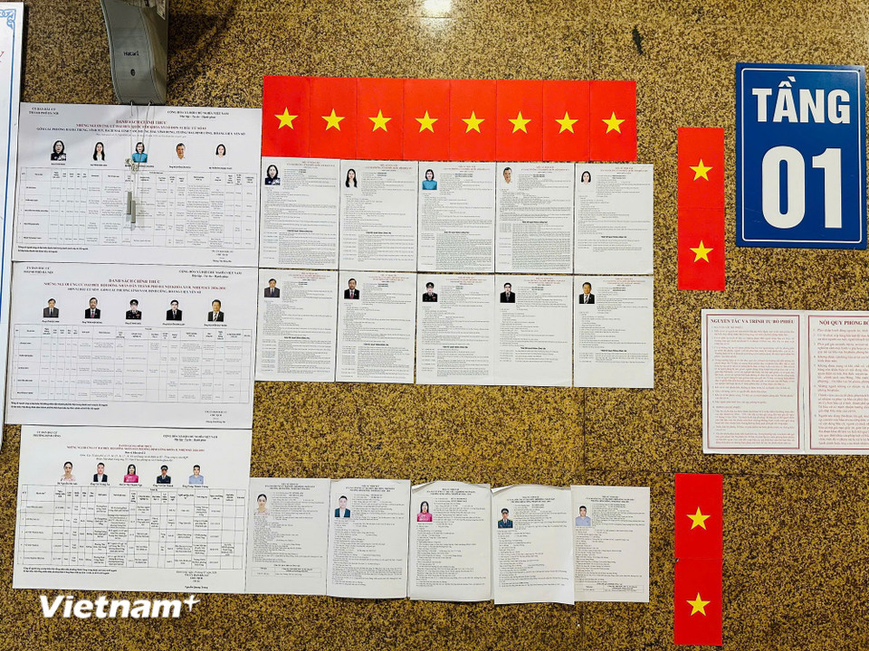 Dán danh sách người ứng cử tại khu vực sảnh tầng 1 tòa nhà Đại Kim Building. (Ảnh: Trí Đức/Vietnam+)