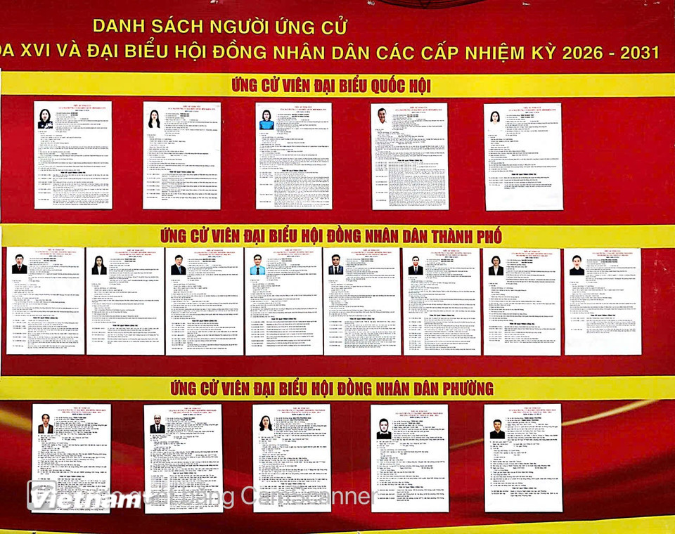 Niêm yết danh sách người ứng cử đại biểu Quốc hội và Hội đồng Nhân dân thành phố Hà Nội, Hội đồng Nhân dân phường Vĩnh Hưng. (Ảnh: Hồng Hạnh/Vietnam+)