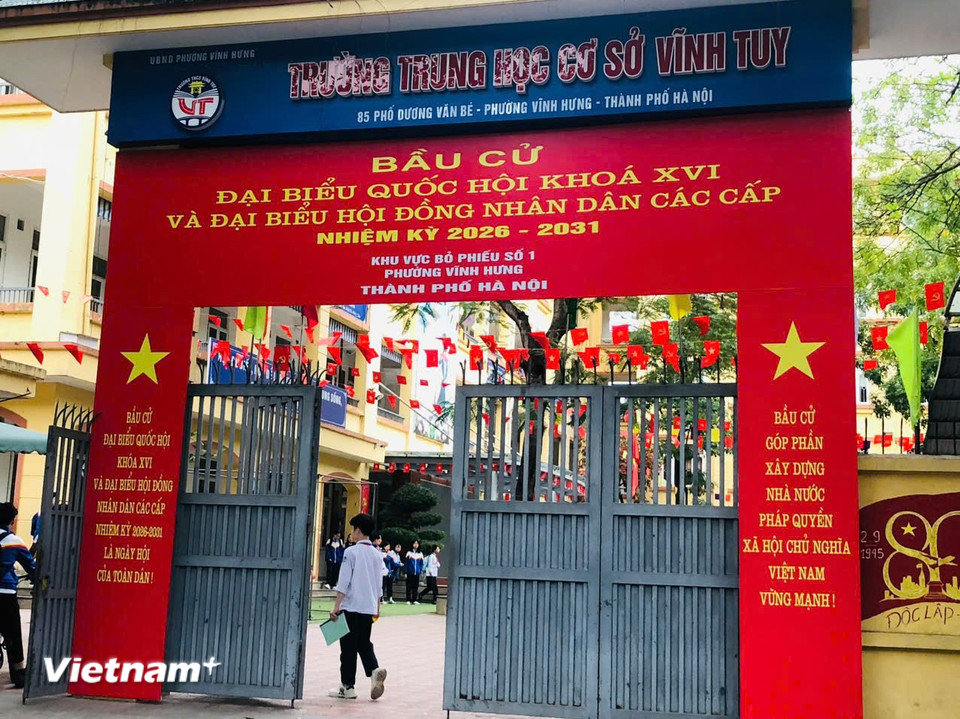 Khu vực bỏ phiếu số 01 - phường Vĩnh Hưng, Hà Nội. (Ảnh: Hồng Hạnh/Vietnam+)