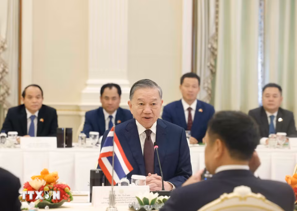 Tổng Bí thư, Chủ tịch nước Tô Lâm phát biểu tại cuộc hội đàm chính thức với Thủ tướng Thái Lan Anutin Charnvirakul. (Ảnh: Thống Nhất/TTXVN)