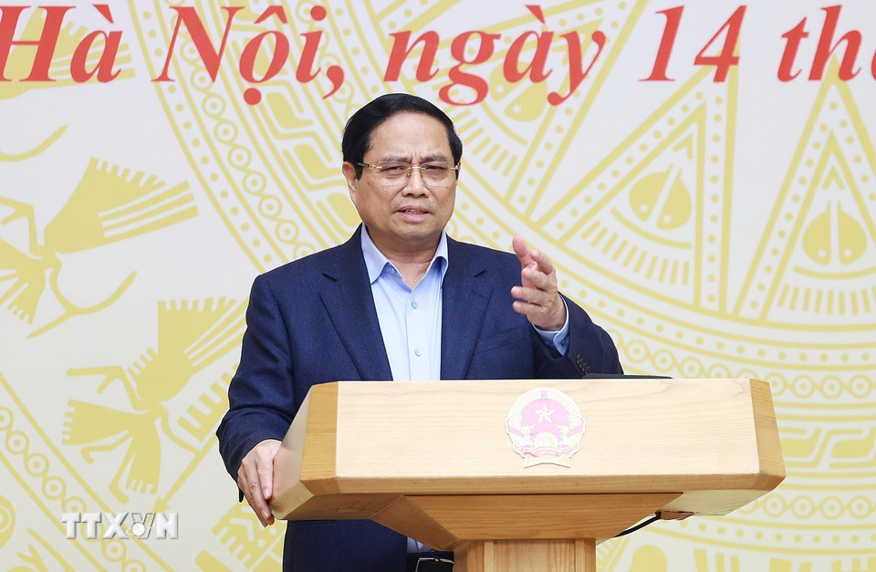 Thủ tướng Phạm Minh Chính kết luận Hội nghị tổng kết công tác đôn đốc, triển khai các cam kết, thỏa thuận trong các hoạt động đối ngoại cấp cao. (Ảnh: Dương Giang/TTXVN)