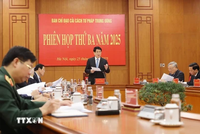 Chủ tịch nước Lương Cường, Trưởng Ban Chỉ đạo cải cách Tư pháp Trung ương phát biểu chỉ đạo. (Ảnh: Lâm Khánh/TTXVN)