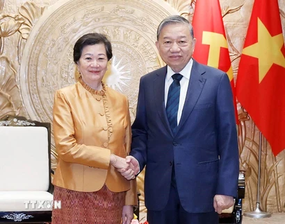 Tổng Bí thư Tô Lâm tiếp Đại sứ Vương quốc Campuchia tại Việt Nam Chea Kimtha. (Ảnh: Thống Nhất/TTXVN)