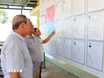 Cử tri ở thôn Văn Lâm 2 (xã Thuận Nam, tỉnh Khánh Hòa tìm hiểu tóm tắt tiểu sử người ứng cử tại đơn vị bầu cử số 3, khu vực bỏ phiếu số 5. (Ảnh: Công Thử/TTXVN)