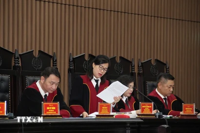 Thành viên Ủy ban thẩm phán Tòa án nhân dân thành phố Hà Nội phát biểu tại phiên tòa giám đốc thẩm chiều 30/9/2025 - phiên tòa giám đốc thẩm đầu tiên của Tòa án Nhân dân thành phố Hà Nội sau Nghị quyết 81. (Ảnh: Kim Anh/TTXVN)
