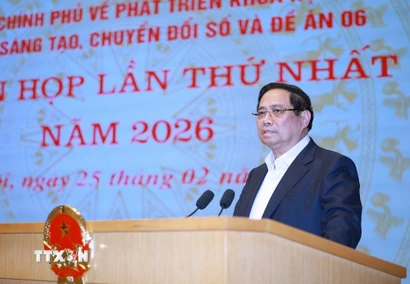 Thủ tướng Phạm Minh Chính chủ trì phiên họp lần thứ nhất năm 2026 của Ban Chỉ đạo về phát triển khoa học, công nghệ, đổi mới sáng tạo, chuyển đổi số và Đề án 06. (Ảnh: Dương Giang/TTXVN)