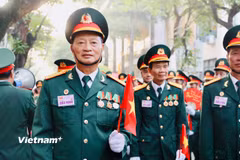 Đại tá Nguyễn Văn Lâm xúc động khi chứng kiến lễ diễu binh, diễu hành trên Quảng trường Ba Đình. (Ảnh: Hồng Kiều/Vietnam+)