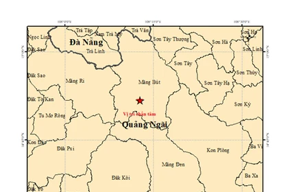 Vị trí xảy ra động đất 4,0 độ sáng 21/2 ở xã Măng Đen, tỉnh Quảng Ngãi.