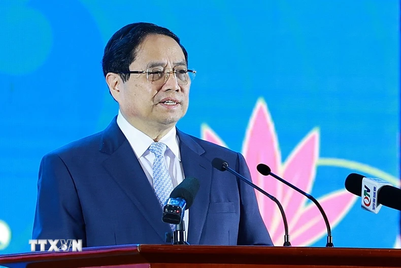 Thủ tướng Phạm Minh Chính phát biểu tại Diễn đàn hợp tác địa phương Việt Nam-Nhật Bản. (Ảnh: Dương Giang/TTXVN)