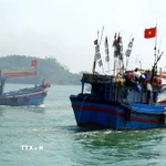 Các tàu cá đồng loạt rẽ sóng ra khơi sau lễ ra quân. (Ảnh: Lê Phước Ngọc/TTXVN)