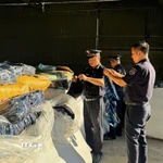 Lực lượng Hải quan kiểm tra lô hàng nhái bị thu giữ. (Ảnh TTXVN phát)