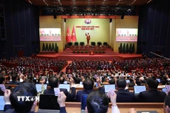 Các đại biểu biểu quyết thông qua Nghị quyết Đại hội XIV của Đảng. (Ảnh: TTXVN)