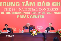 Tổng Bí thư Tô Lâm chủ trì họp báo công bố kết quả Đại hội XIV của Đảng. (Ảnh: TTXVN)