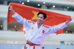 Võ sỹ Khuất Hải Nam giành HCV nội dung Kumite hạng cân dưới 67kg. (Ảnh: Minh Quyết/TTXVN)