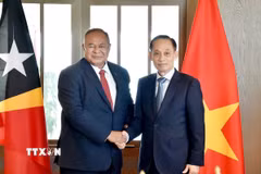 Quyền Bộ trưởng Bộ Ngoại giao Lê Hoài Trung đón Bộ trưởng Ngoại giao và Hợp tác Timor Leste Bendito dos Santos Freitas. (Ảnh: TTXVN)