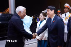Chủ nhiệm Ủy ban Văn hóa và Xã hội của Quốc hội Nguyễn Đắc Vinh đón Chủ tịch Hội đồng châu Âu António Costa tại sân bay quốc tế Nội Bài, Hà Nội. (Ảnh: Phạm Kiên/TTXVN)