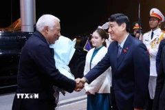 Chủ nhiệm Ủy ban Văn hóa và Xã hội của Quốc hội Nguyễn Đắc Vinh đón Chủ tịch Hội đồng châu Âu António Costa tại sân bay quốc tế Nội Bài, Hà Nội. (Ảnh: Phạm Kiên/TTXVN)