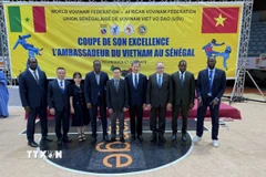 Đoàn đại biểu do Đại sứ Trần Quốc Khánh và Chủ tịch WVVF Mai Hữu Tín dẫn đầu cùng các lãnh đạo của USV tại lễ khai mạc vòng chung kết Giải Vovinam Cúp Đại sứ Việt Nam tại Senegal 2025. (Ảnh: TTXVN phát)