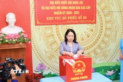 Phó Chủ tịch nước Võ Thị Ánh Xuân bỏ phiếu bầu cử tại khu vực bỏ phiếu số 39, phường Long Xuyên, An Giang. (Ảnh: Thanh Sang/TTXVN)