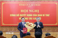 Ông Nguyễn Quang Dương, Phó Trưởng Ban Tổ chức Trung ương trao Quyết định cho ông Hà Quang Trung. (Ảnh: Nguyễn Oanh/TTXVN)