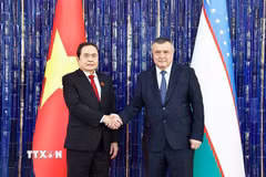 Chủ tịch Hạ viện Uzbekistan Nuriddinjon Ismailov đón Chủ tịch Quốc hội Trần Thanh Mẫn. (Ảnh: Doãn Tấn/TTXVN)