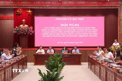 Hội nghị lấy ý kiến góp ý vào dự thảo Văn kiện Đại hội lần thứ XVIII Đảng bộ thành phố Hà Nội, nhiệm kỳ 2025-2030. (Ảnh: Văn Điệp/TTXVN)