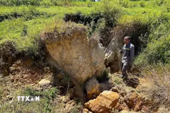 Hố sụt lớn giữa cánh đồng lúa và trồng cây lâu năm, vị trí gần với mỏ khai thác đá của Công ty cổ phần xi măng Đồng Lâm. (Ảnh: Văn Dũng/TTXVN)