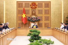 Thủ tướng Phạm Minh Chính làm việc với Đoàn Hội đồng kinh doanh Hoa Kỳ-ASEAN. (Ảnh: Dương Giang/TTXVN)